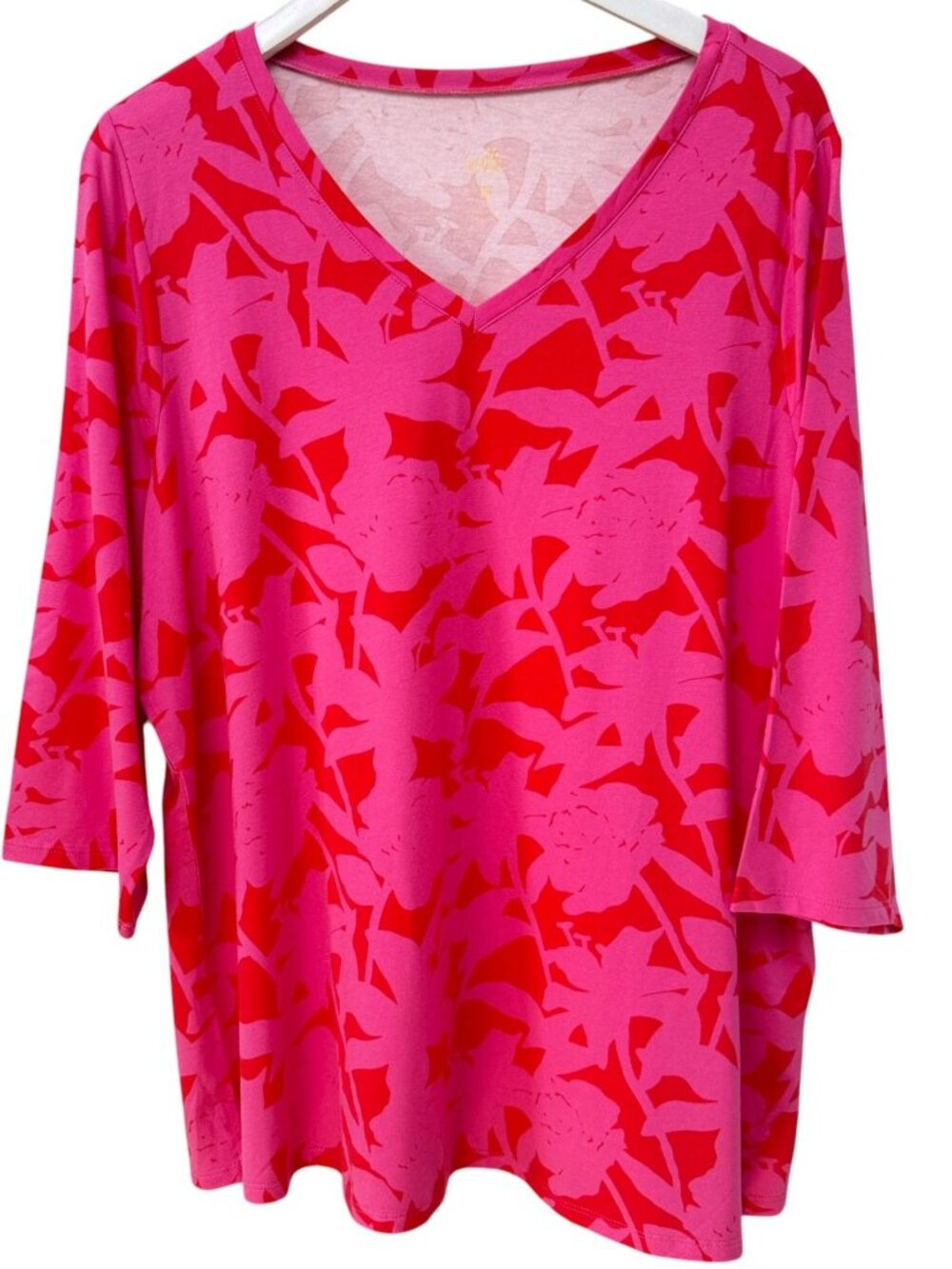 BELLE Kim Gravel Womens Top Plus Size 1X V-Neck Tee 3/4 Sleeve Bright Pink Red